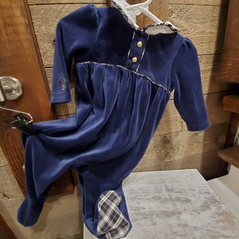 Chaps Baby Girl Footed Sleeper 9M Blue Velour Plaid Feet One Piece Pajamas